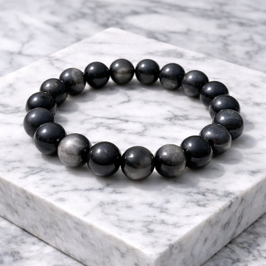 Silvery Black Obsidian Gemstone 10mm Beaded Stretch Bracelet Crystal Jewelry